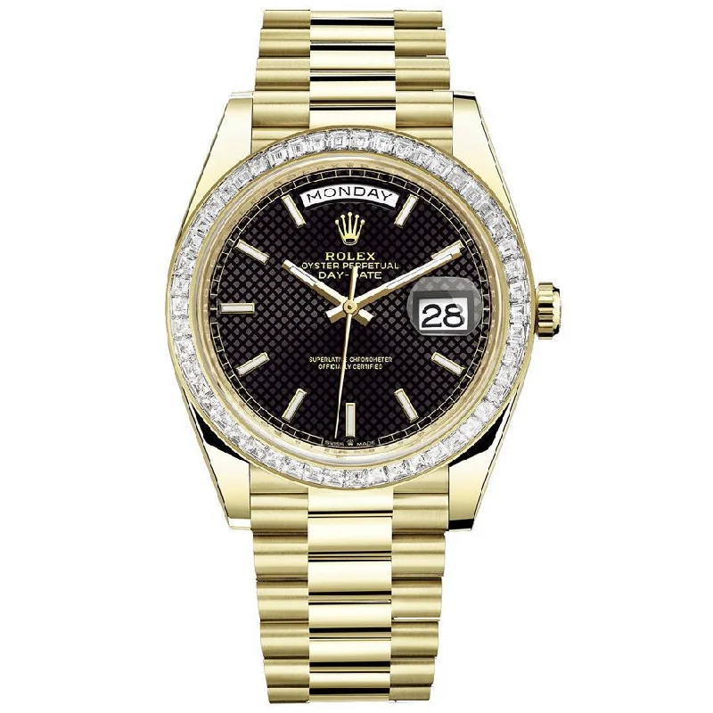 Rolex Day-Date 40 Presidential 228398TBR Baguette Diamond Bezel Black Dial