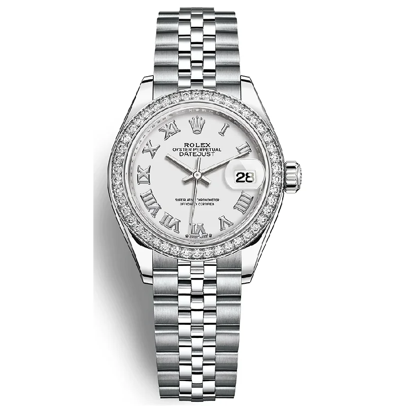 Rolex Lady-Datejust White Roman Numeral Dial Diamond Bezel 28mm 279384RBR